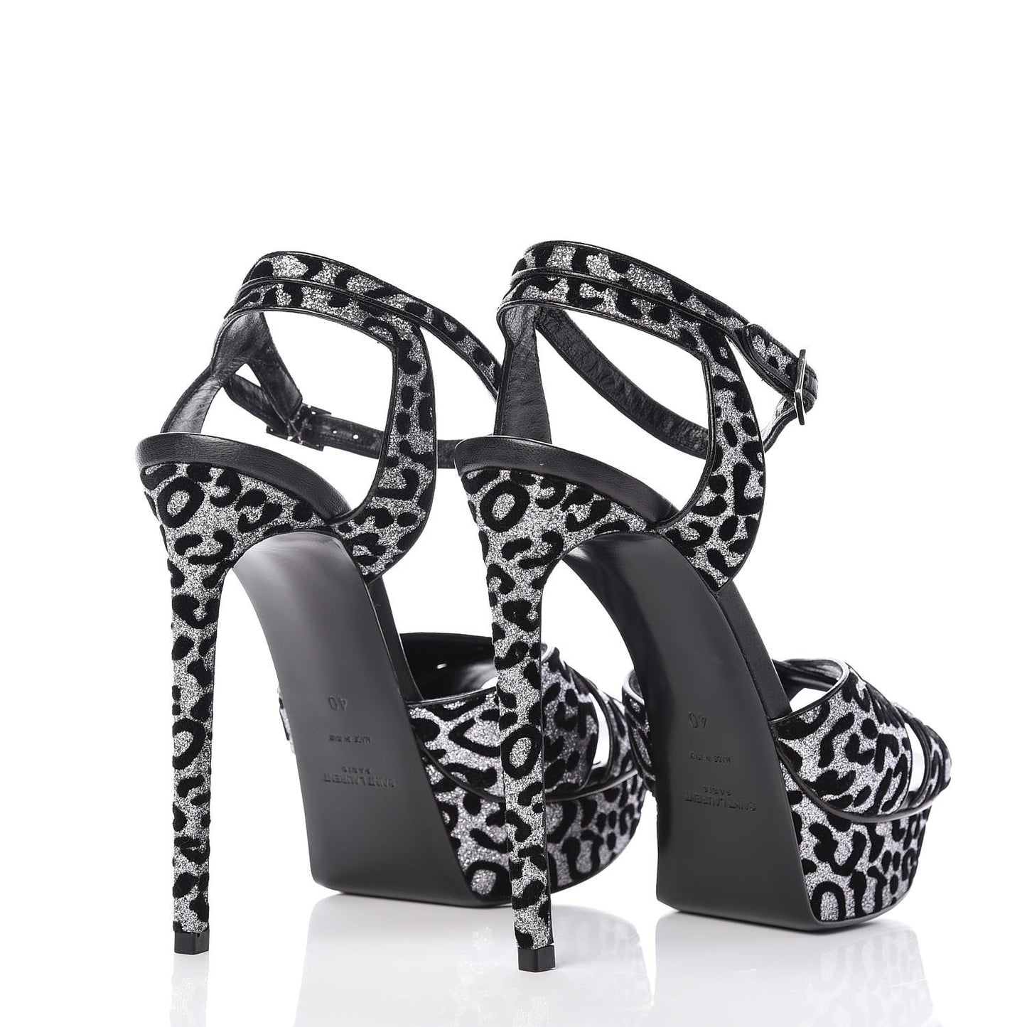 Velvet Glitter Leopard Print Platform Sandals 40 Argento Black