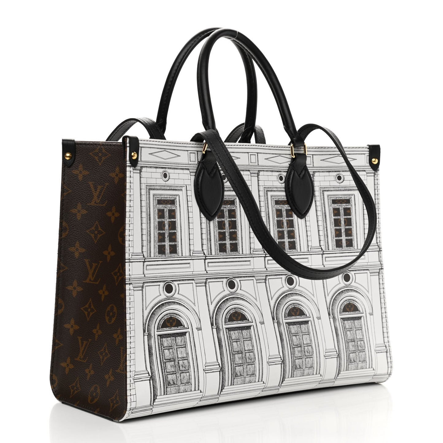 X FORNASETTI Calfskin Architettura Onthego MM Black White