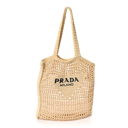 Prada Yarn Raffia Effect Crochet Logo Embroidered Tote Bag Naturale 1 of 9