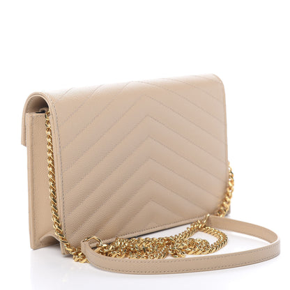 Saint Laurent Grain De Poudre Matelasse Chevron Monogram Envelope Chain Wallet Nude Powder 3 of 11