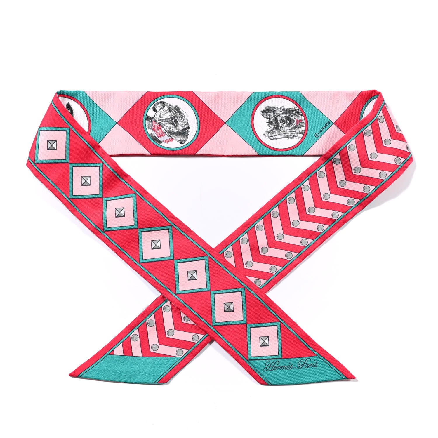 Hermes Silk Colliers Et Chiens Twilly Framboise Vert Rose 1 of 4