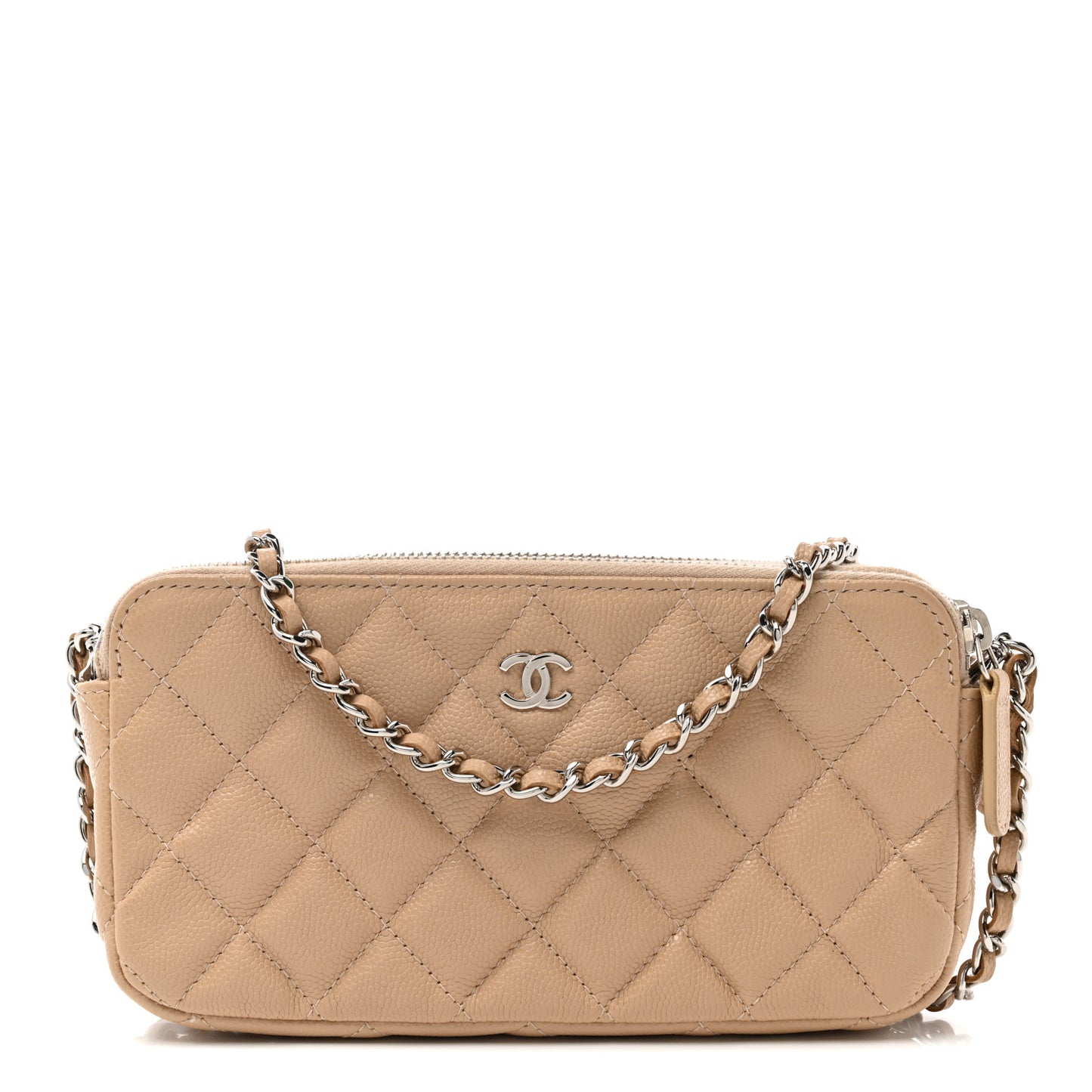 Iridescent Caviar Quilted Small Clutch With Chain Beige