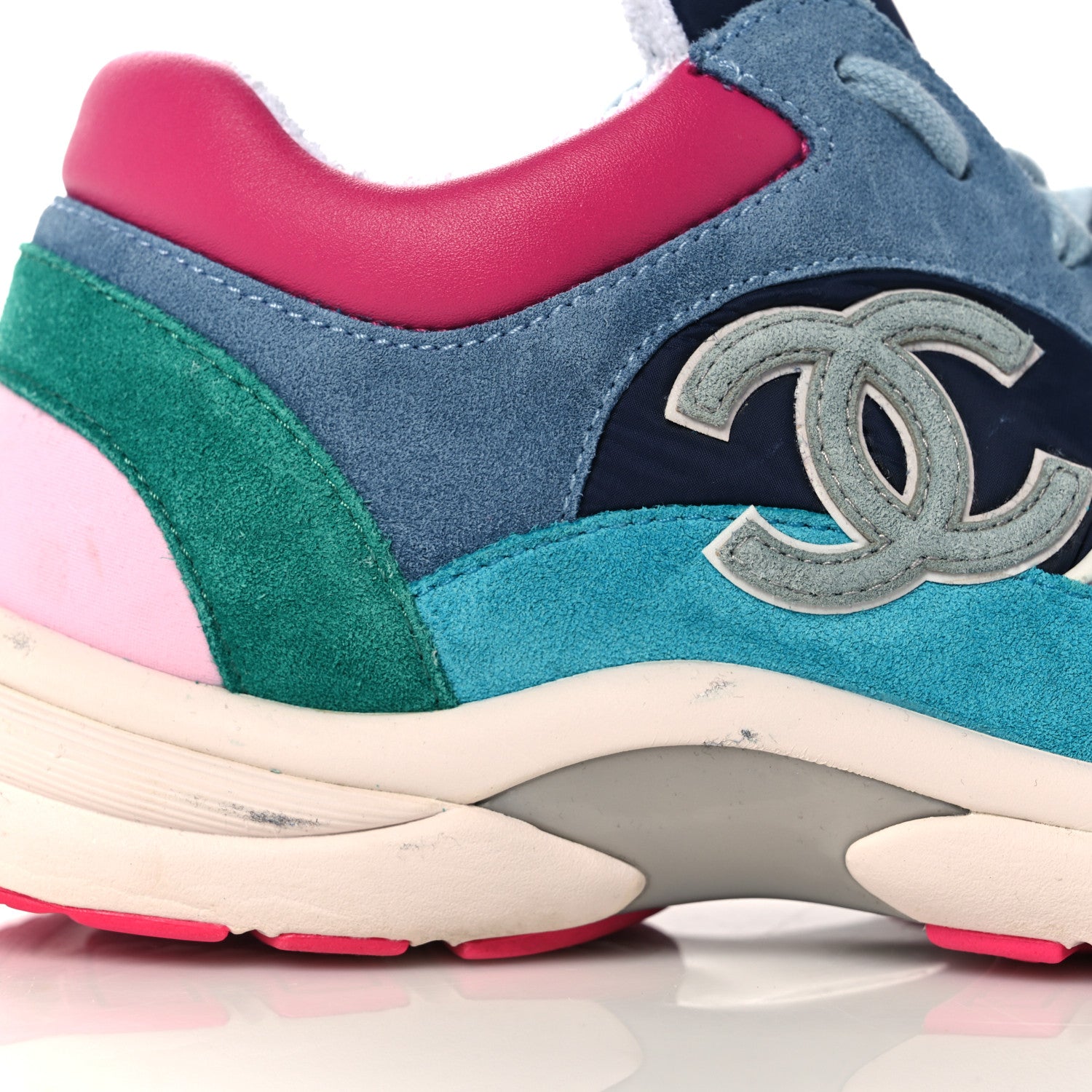 Chanel Nylon Calfskin Suede CC Sneakers 39.5 Navy Turquoise 13 of 16