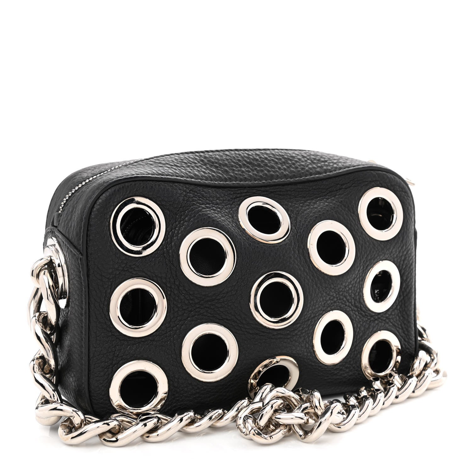 Prada Vitello Daino Grommet Chain Satchel Bag Black 5 of 17