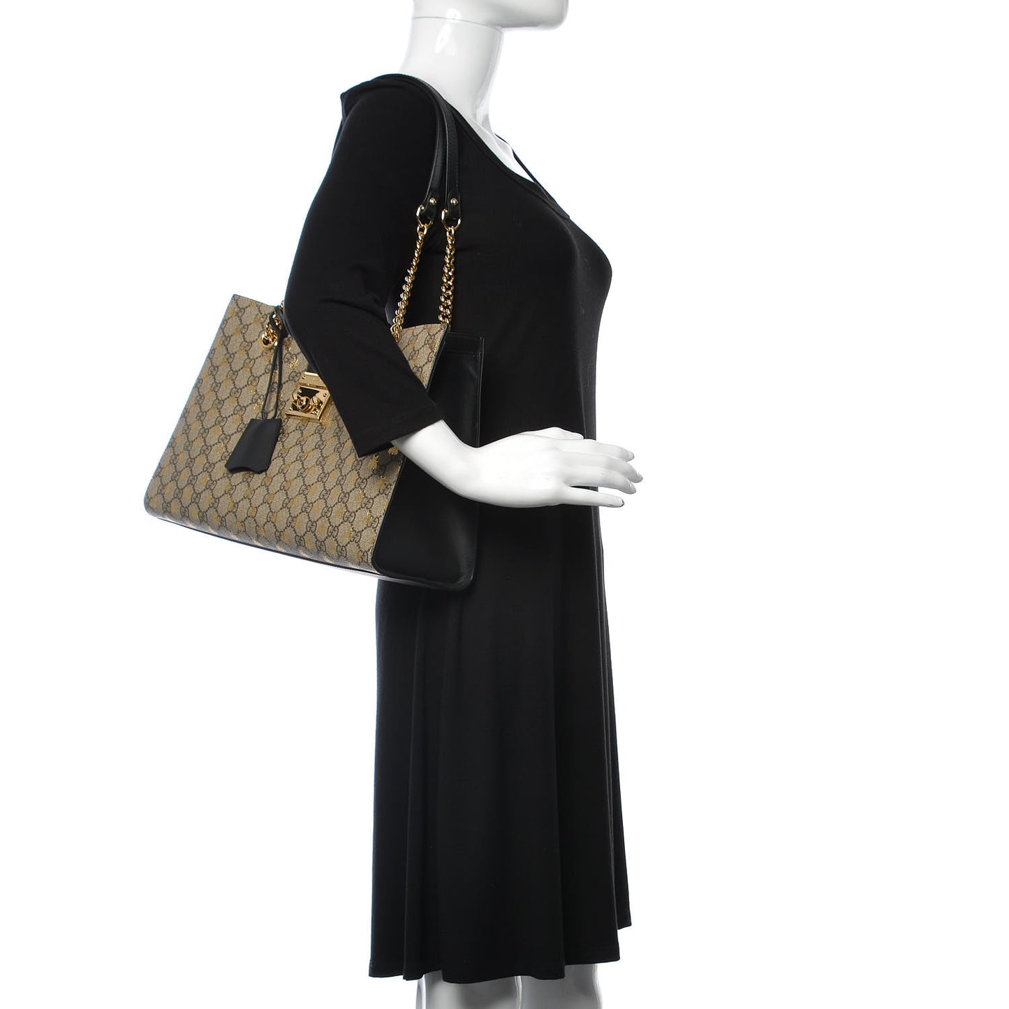 GG Supreme Monogram Bees Medium Padlock Tote Beige Oro Black