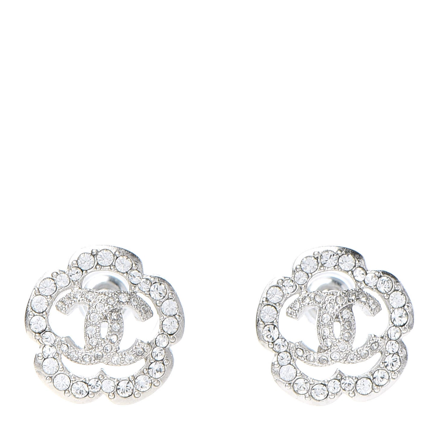 Crystal Coco Flapper Camellia CC Stud Earrings Silver