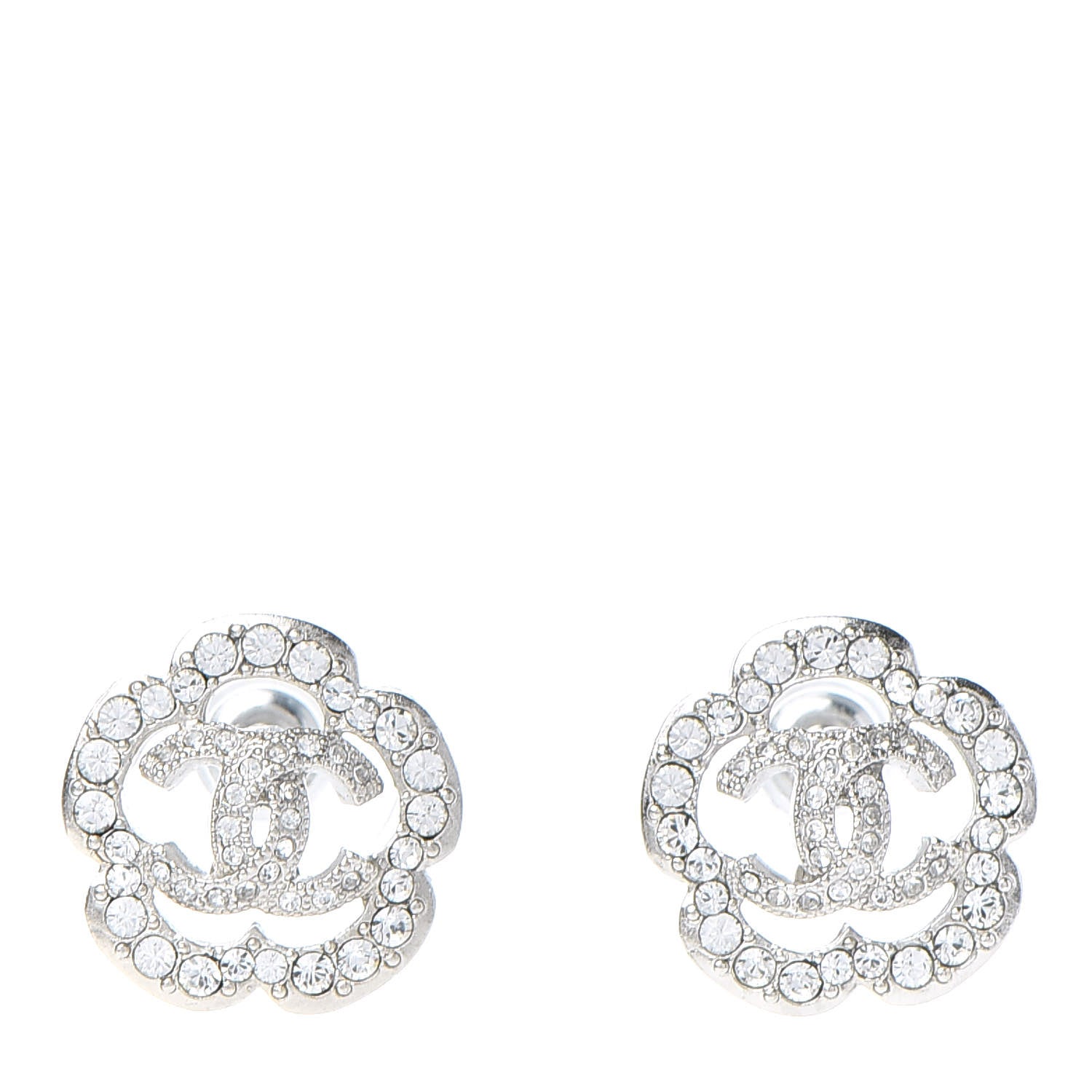 Chanel Crystal Coco Flapper Camellia CC Stud Earrings Silver 1 of 5