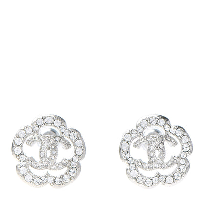 Chanel Crystal Coco Flapper Camellia CC Stud Earrings Silver 1 of 5