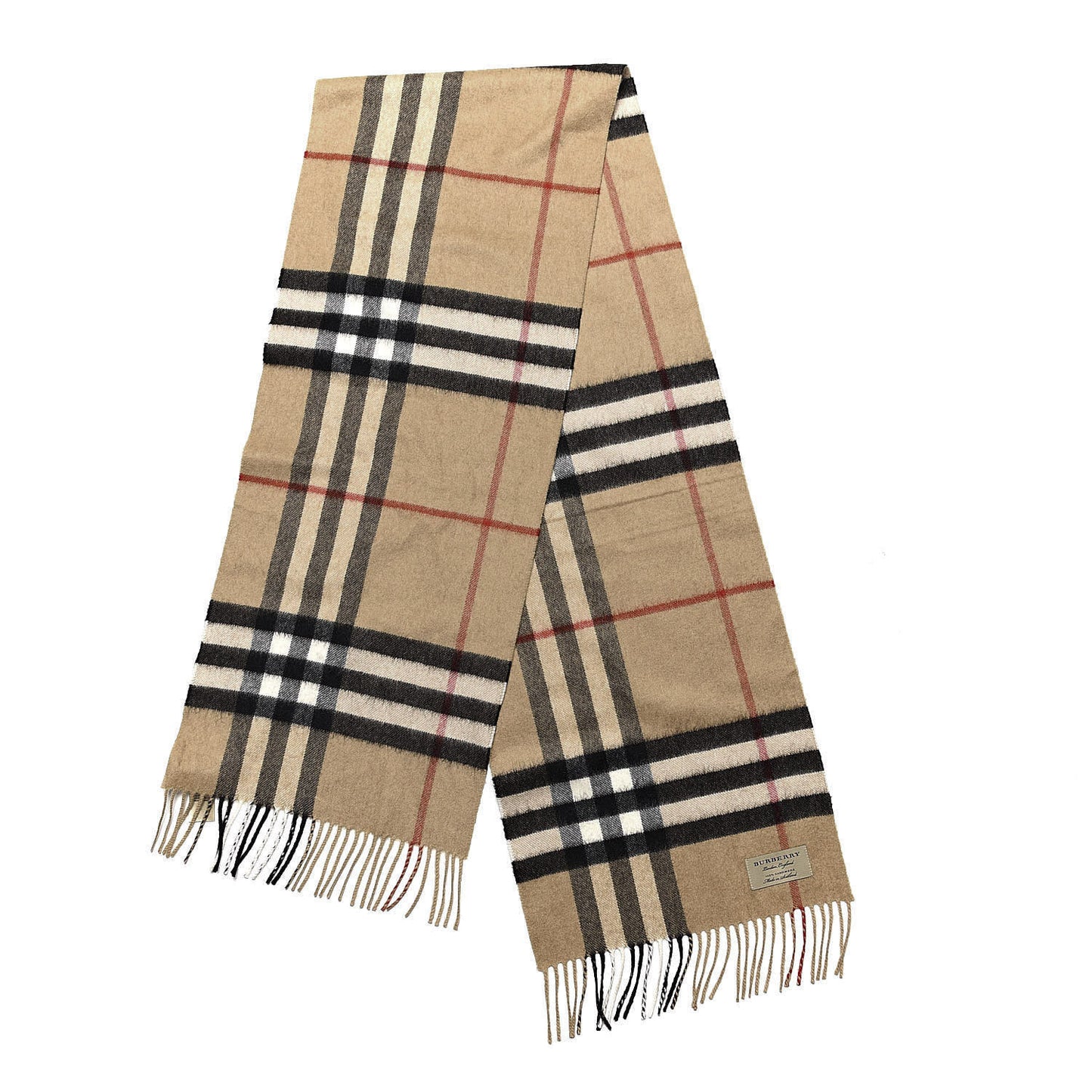 Cashmere Giant Check Fringe Scarf Camel