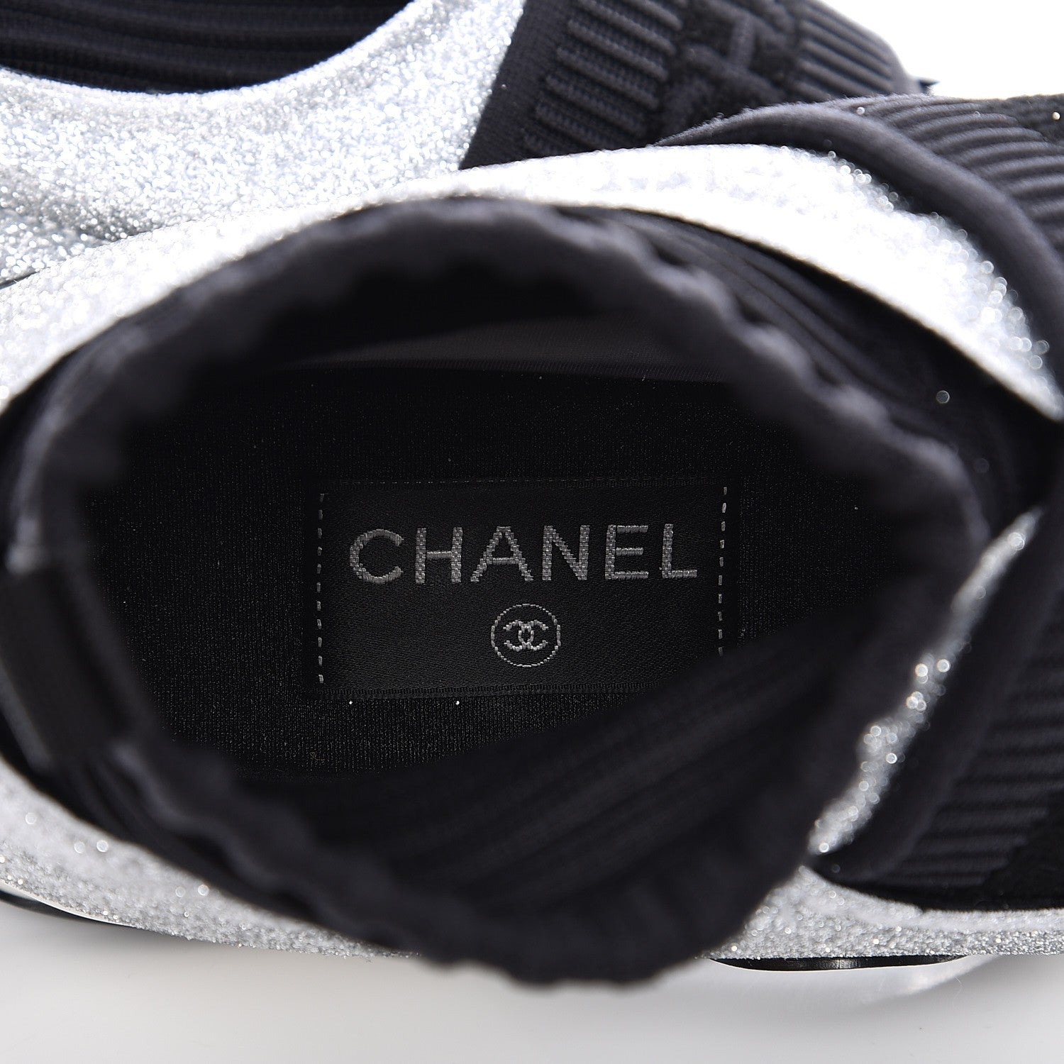 Chanel Glitter Stretch Fabric CC Sneakers 38.5 Black Silver 7 of 11