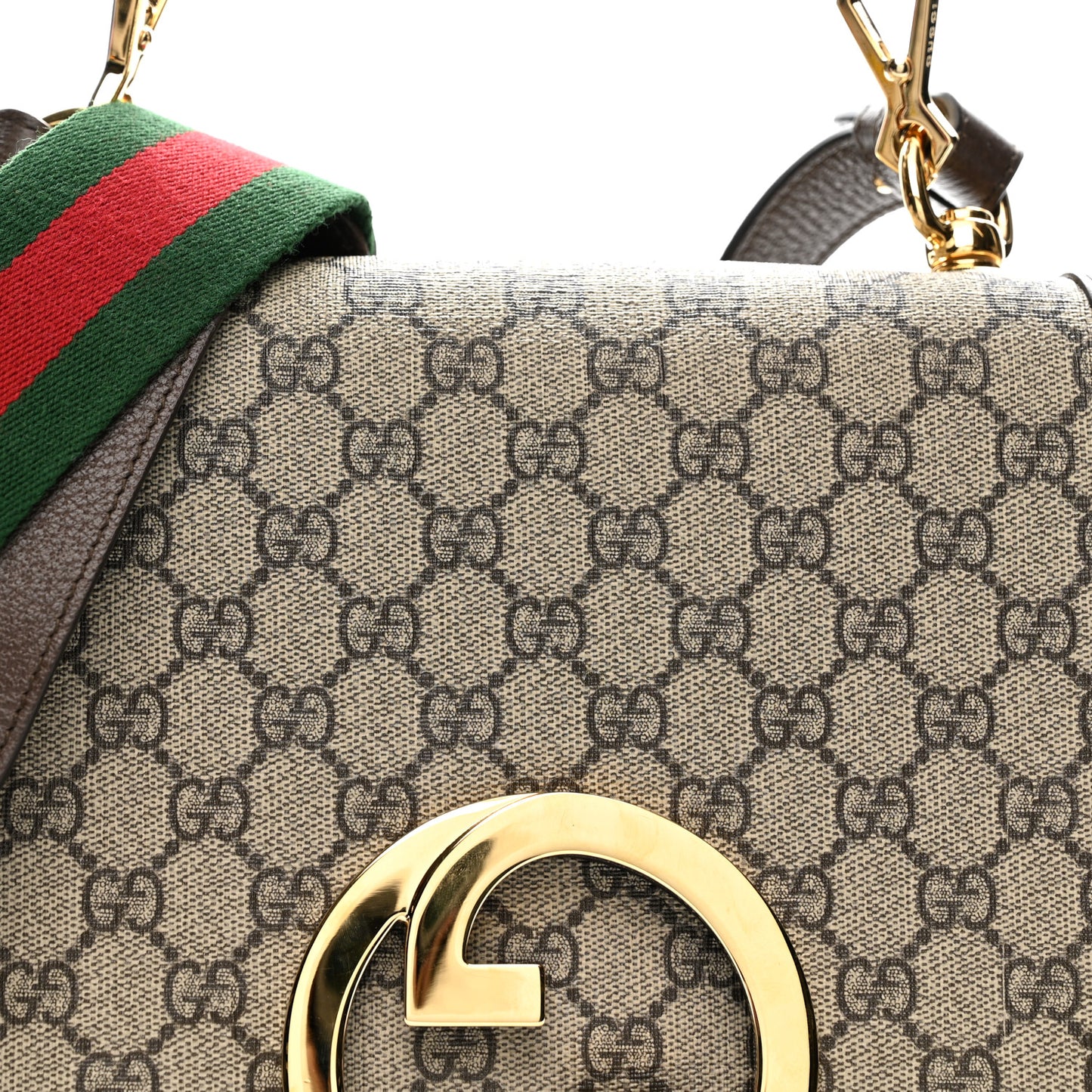 GG Supreme Monogram Textured Dollar Calfskin Web Medium Blondie Top Handle Shoulder Flap Bag Beige Ebony New Acero