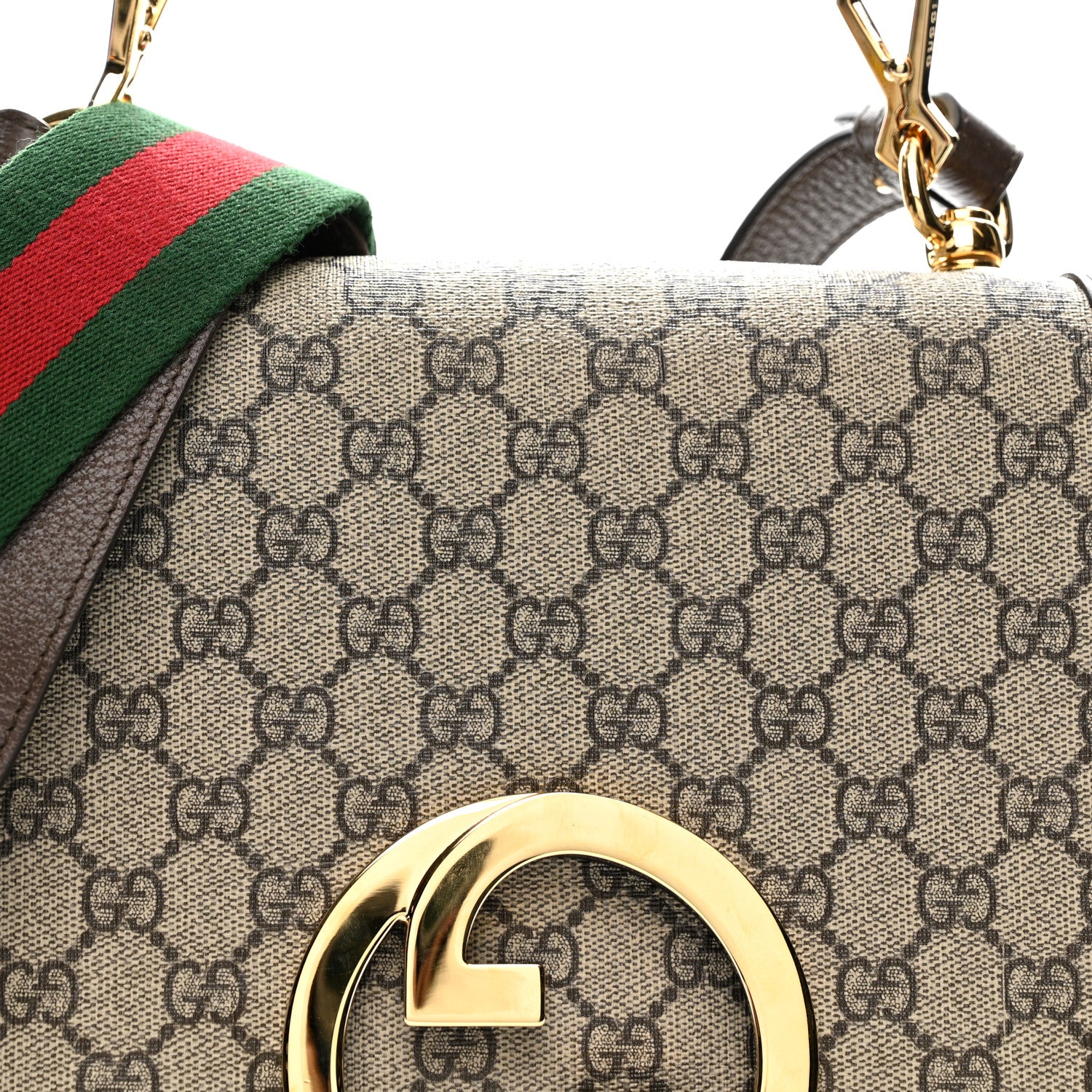 Gucci GG Supreme Monogram Textured Dollar Calfskin Web Medium Blondie Top Handle Shoulder Flap Bag Beige Ebony New Acero 8 of 14