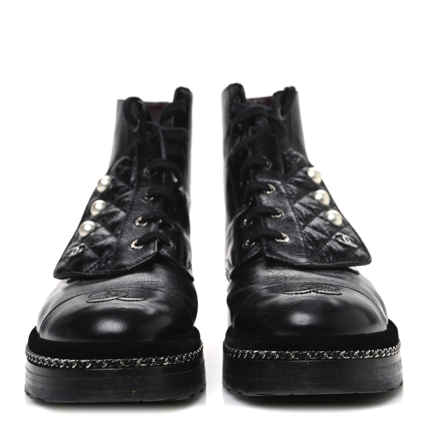 Crackled Calfskin Velvet Pearl Combat Short Boots 39 Black