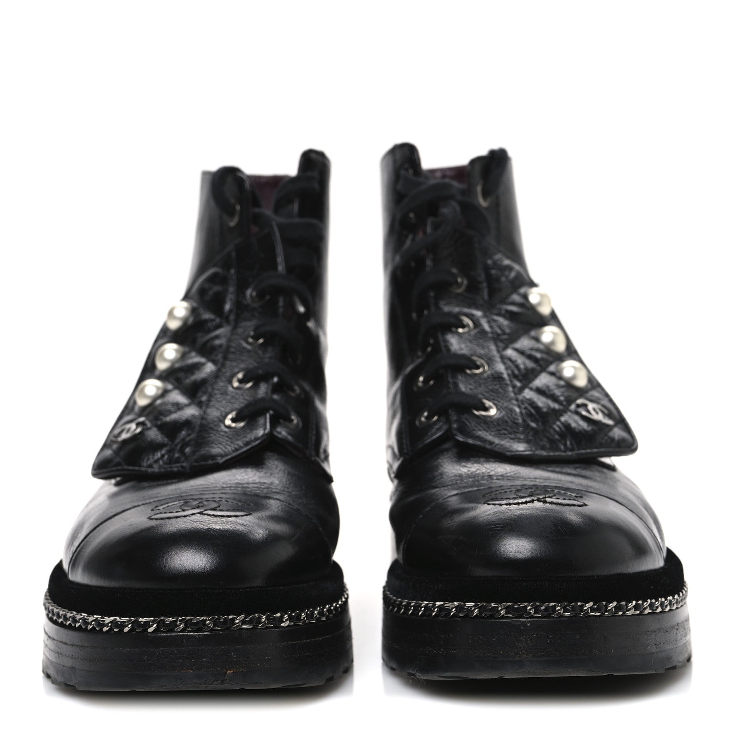 Chanel Crackled Calfskin Velvet Pearl Combat Short Boots 39 Black 3 of 11