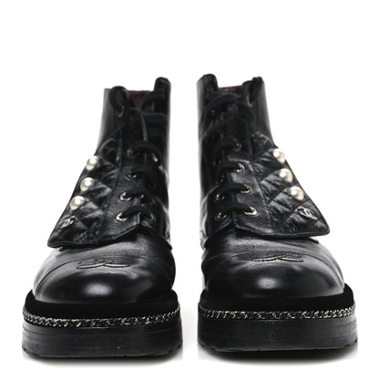 Chanel Crackled Calfskin Velvet Pearl Combat Short Boots 39 Black 3 of 11