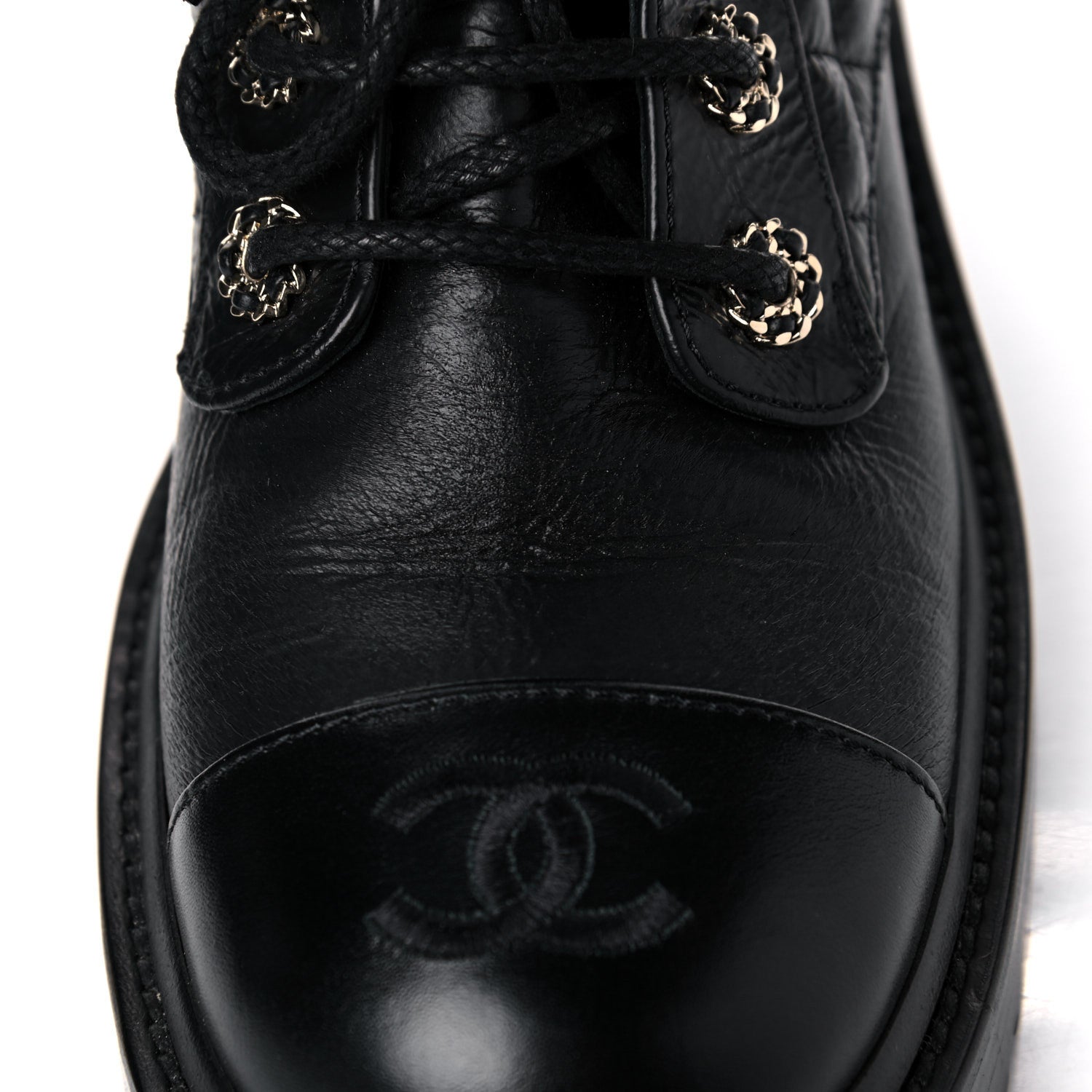 Chanel Shiny Goatskin Calfskin Quilted Lace Up Combat Boots 38 Black 9 of 13