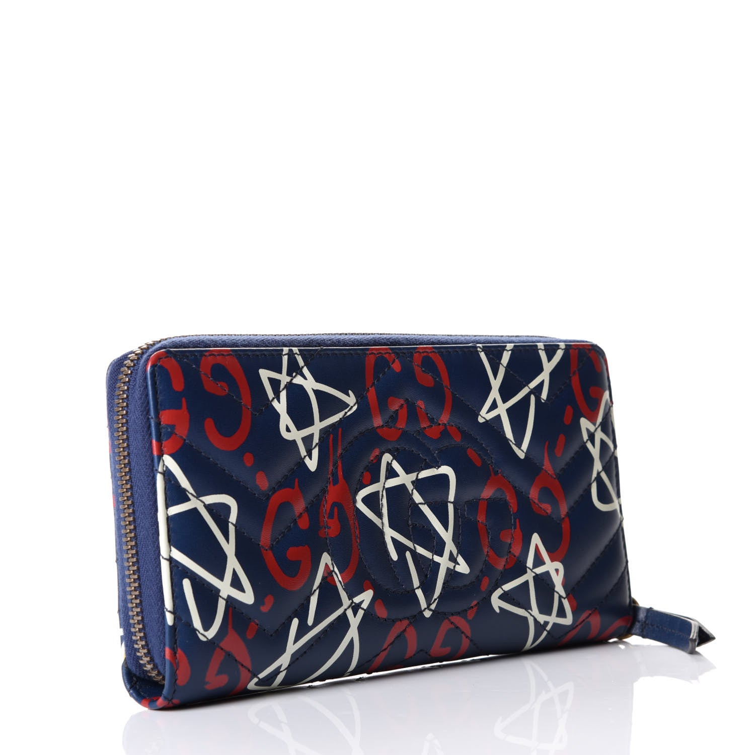 Gucci Calfskin Matelasse GucciGhost GG Marmont Zip Around Wallet Blue Agata Hibiscus Red 2 of 8