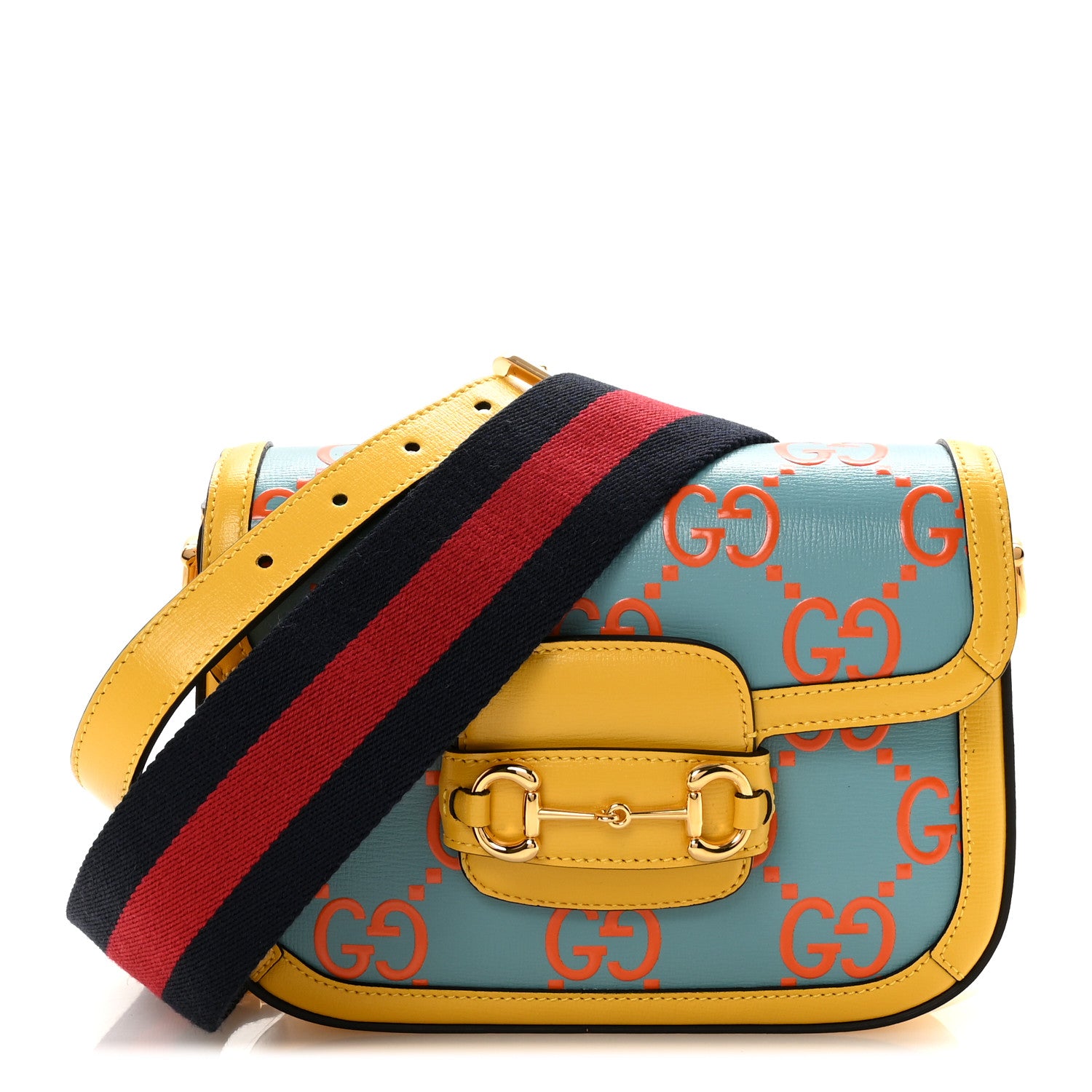Gucci Azalea Calfskin GG Monogram Bi-Color Debossed Mini Horsebit 1955 Shoulder Bag Dusty Azure Stone Topaz Deep Orange 1 of 10