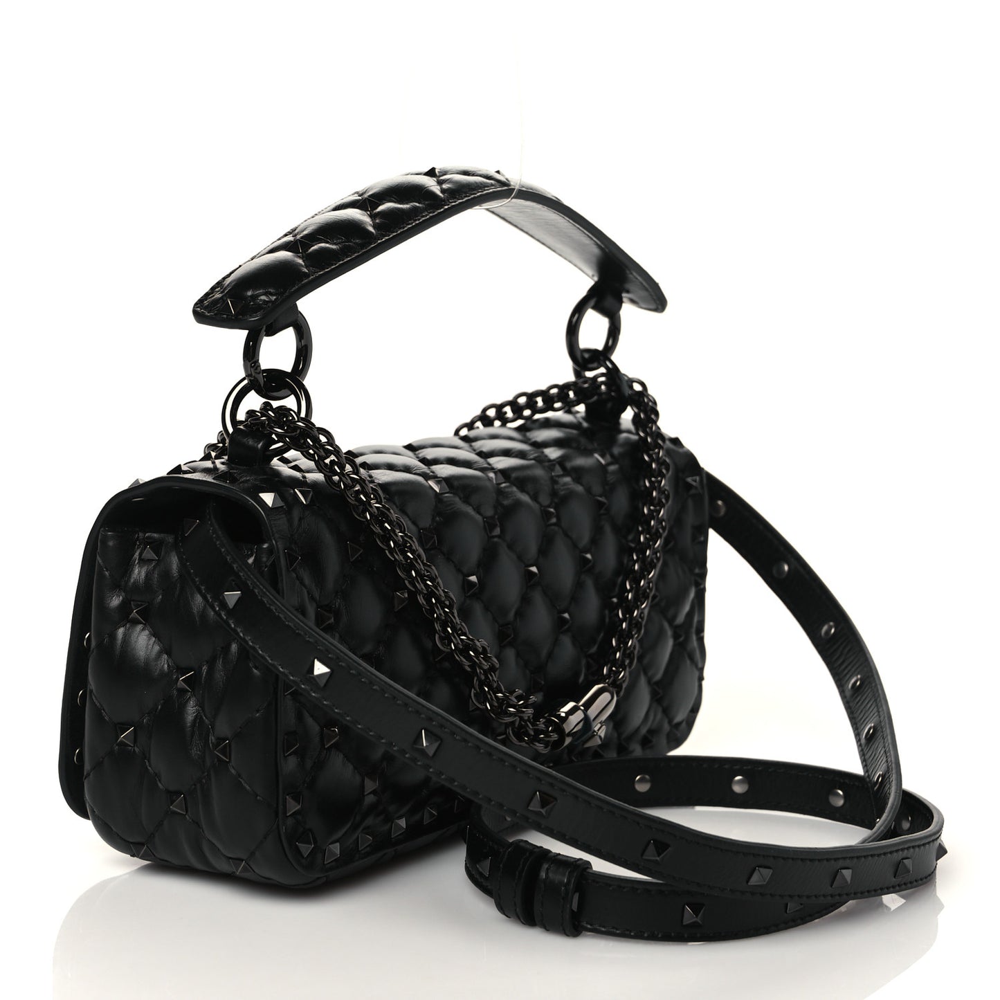 Calfskin Tonal Rockstud Spike Convertible Shoulder Bag Black