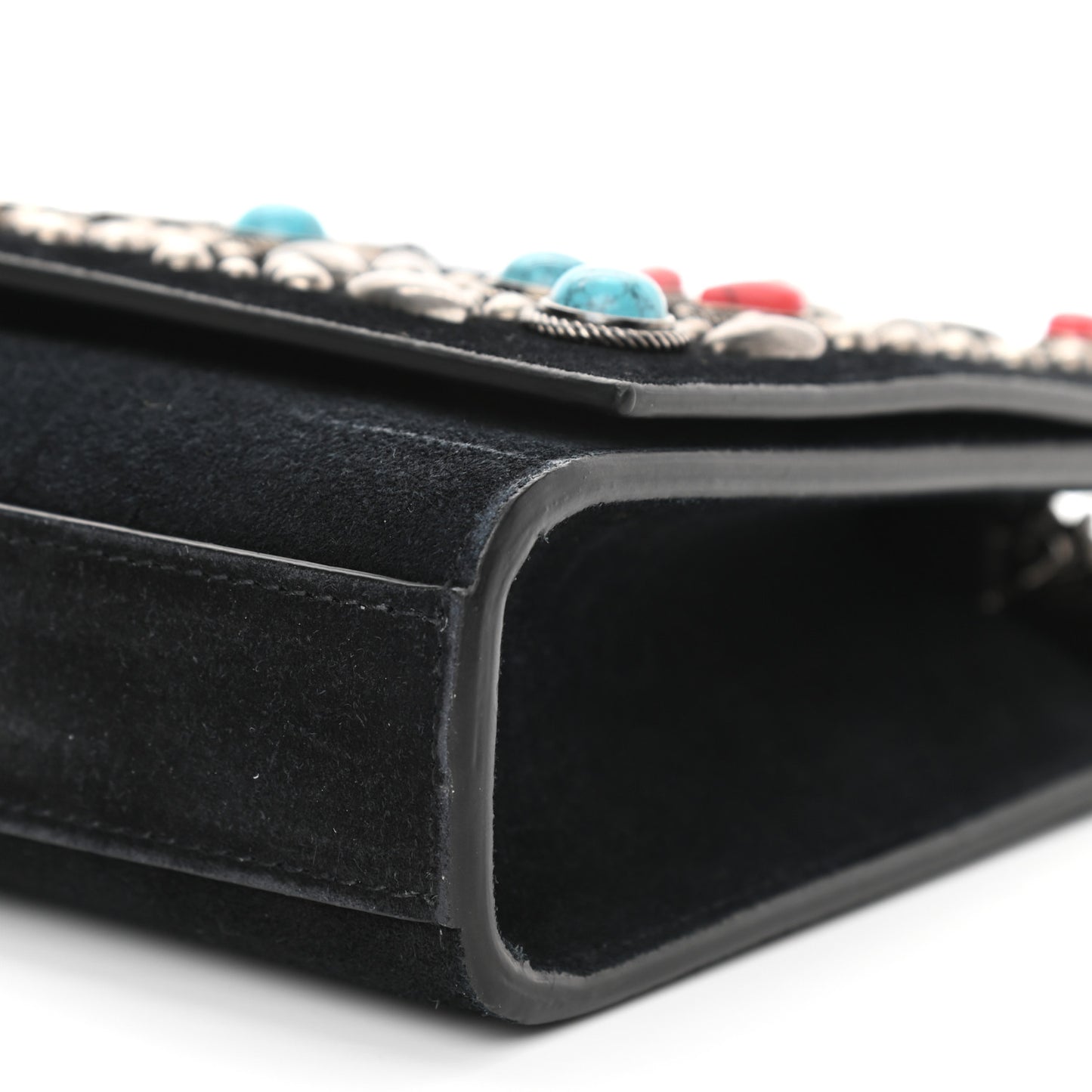 Suede Small Monogram Stone Studded Kate Satchel Black Turquoise Coral