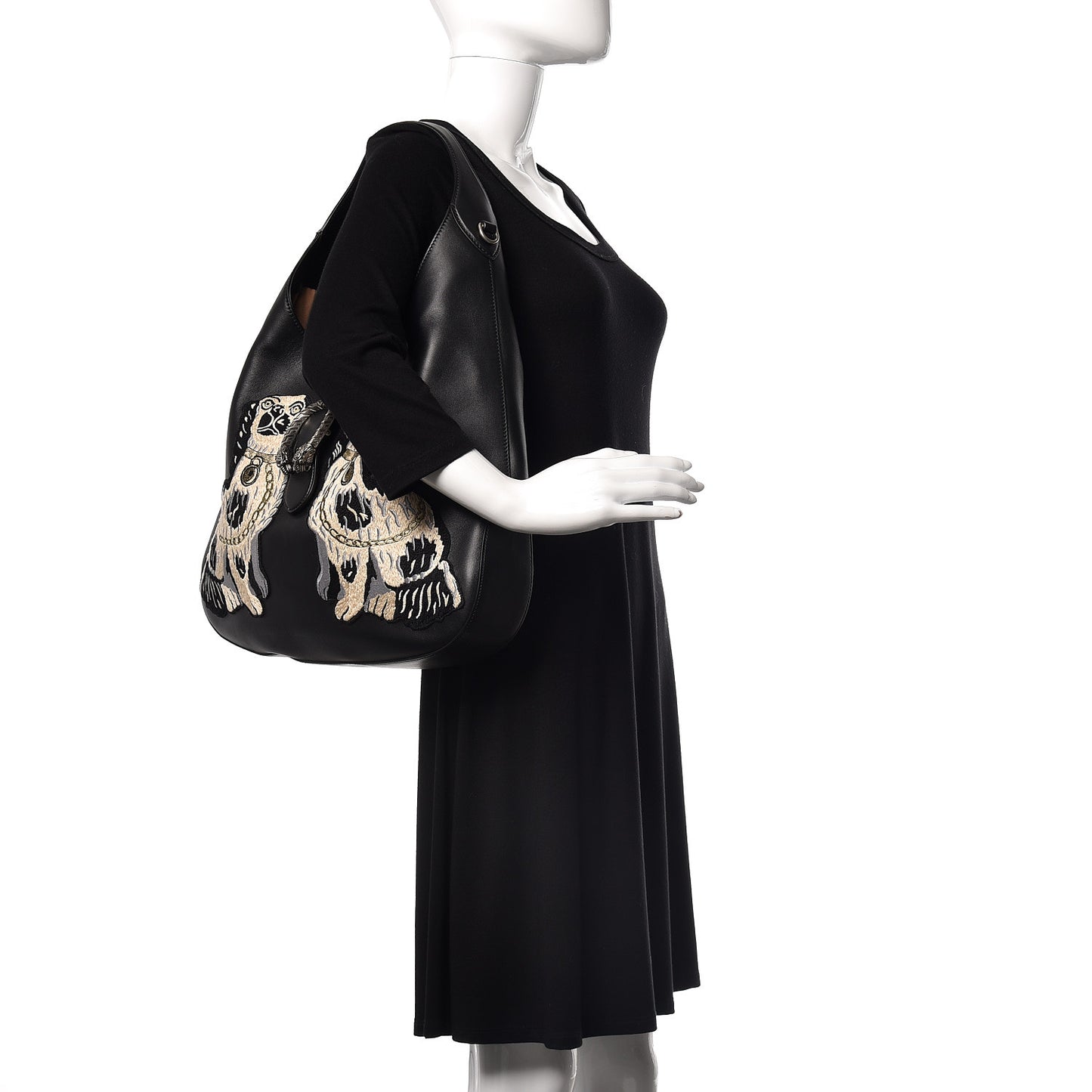 Calfskin Web Dog Embroidered Large Dionysus Hobo Black