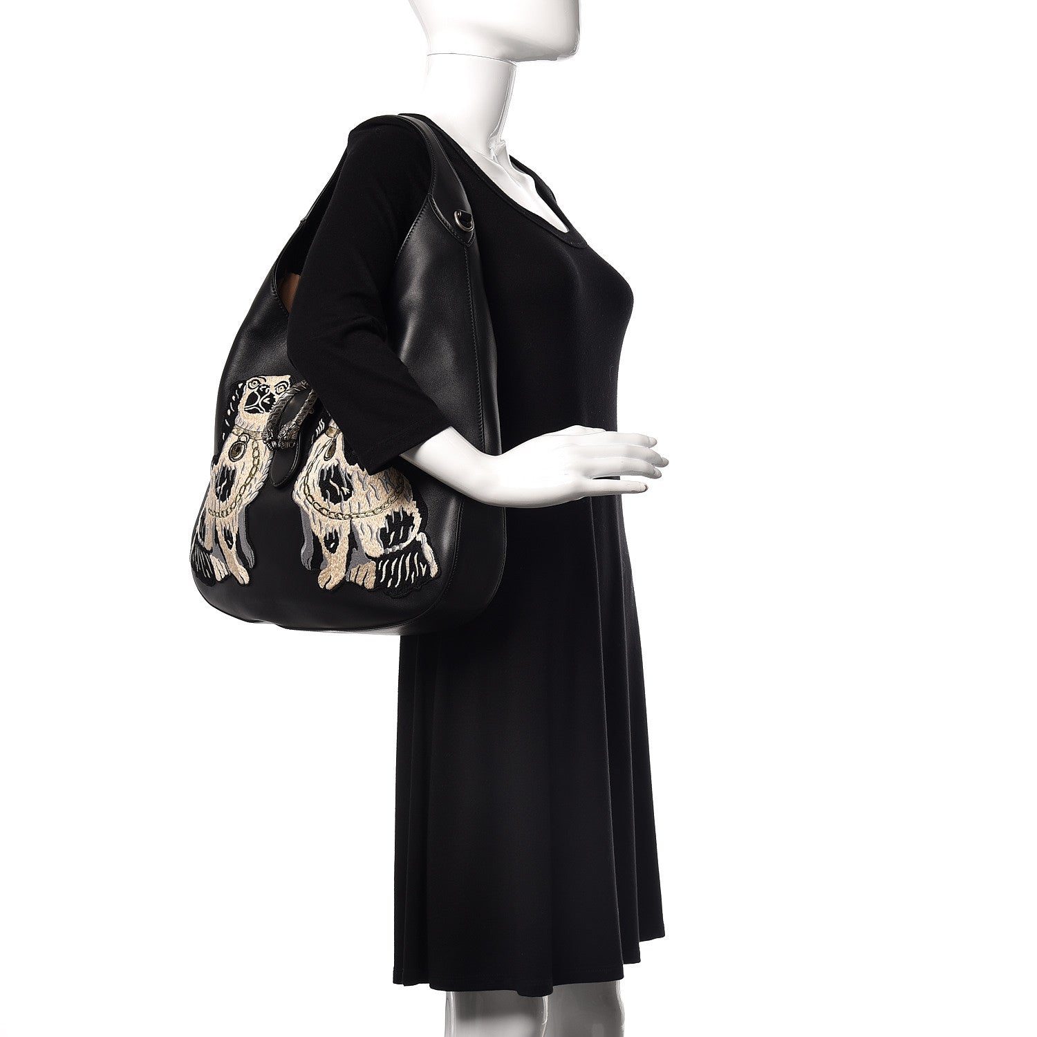 Gucci Calfskin Web Dog Embroidered Large Dionysus Hobo Black 3 of 12