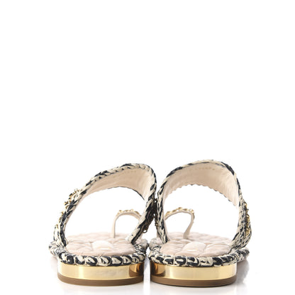 Chanel Raffia Lambskin Woven Chain CC Toe Ring Sandals 41.5 Black Beige 5 of 11
