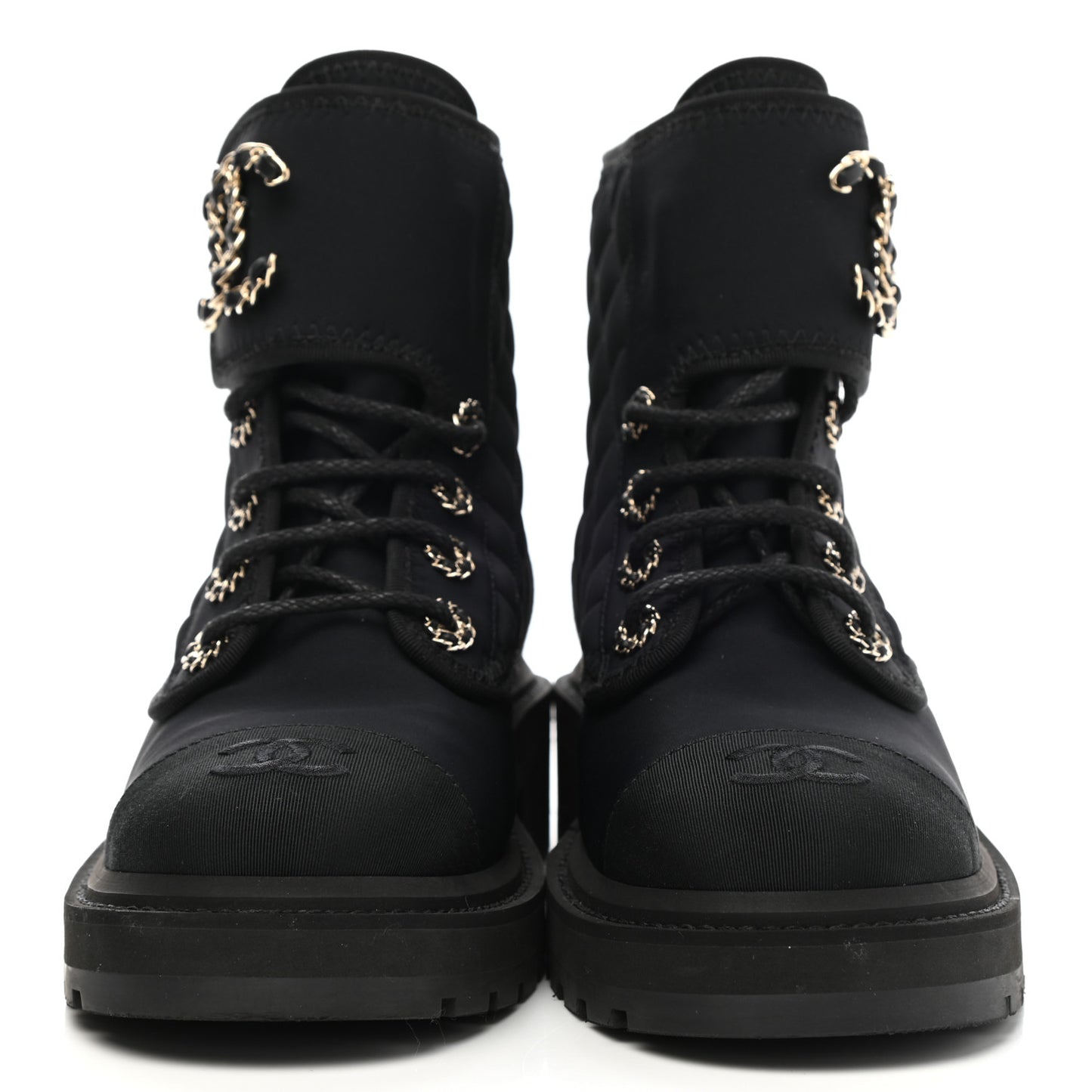Fabric Grosgrain Quilted Cap Toe Lace Up Combat Boots 38 Black