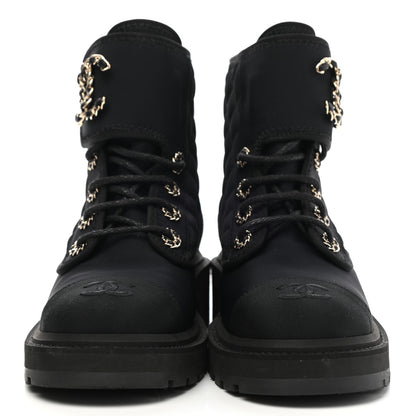 Chanel Fabric Grosgrain Quilted Cap Toe Lace Up Combat Boots 38 Black 2 of 8