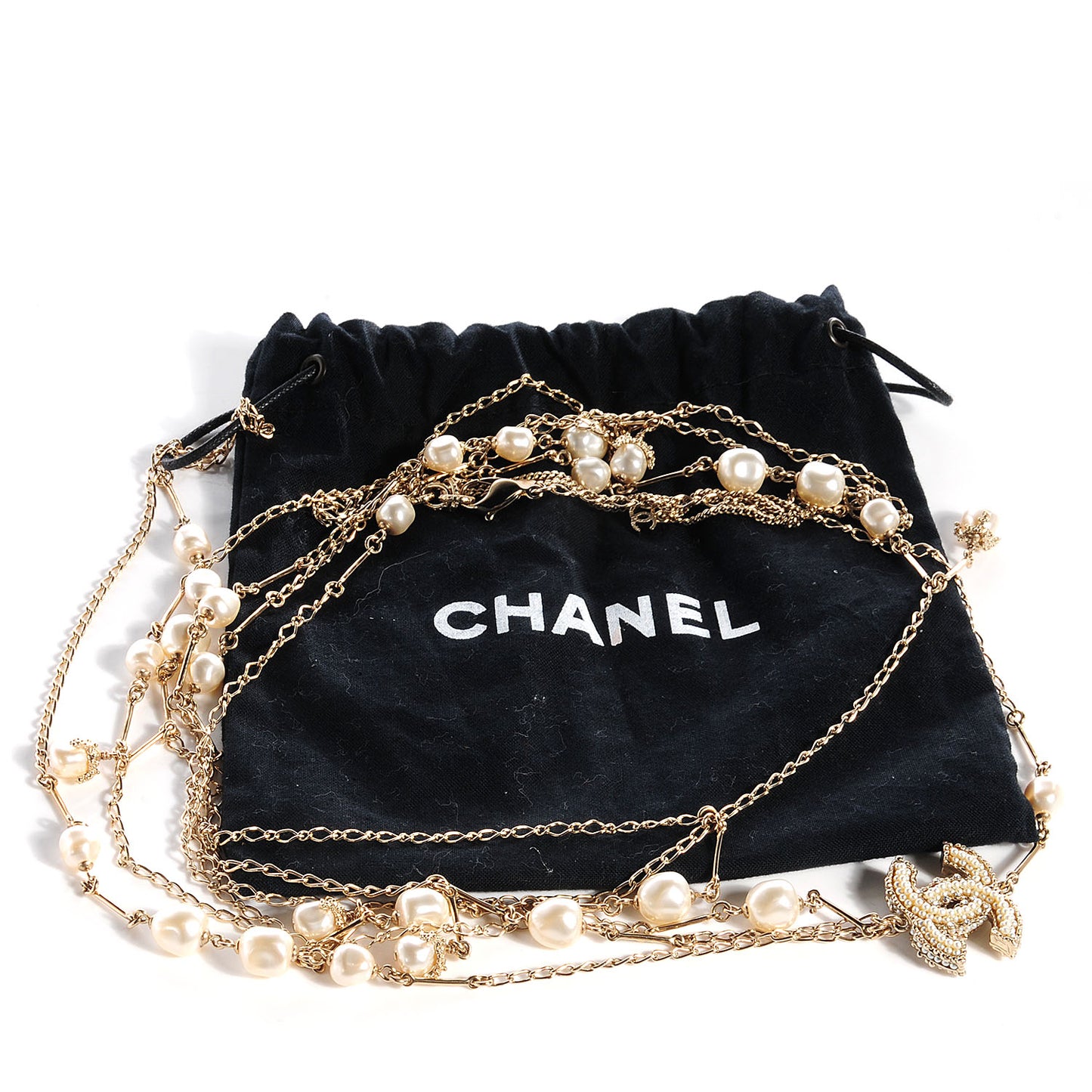 Pearl CC Long Chain Necklace Gold