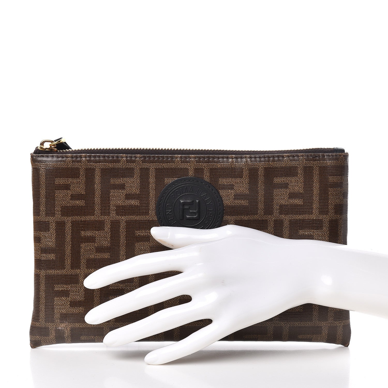Fendi Glazed Fabric Vitello Century FF 1974 Stamp Patch Small FFreedom Flat Pouch Mogano Panna Black 2 of 10