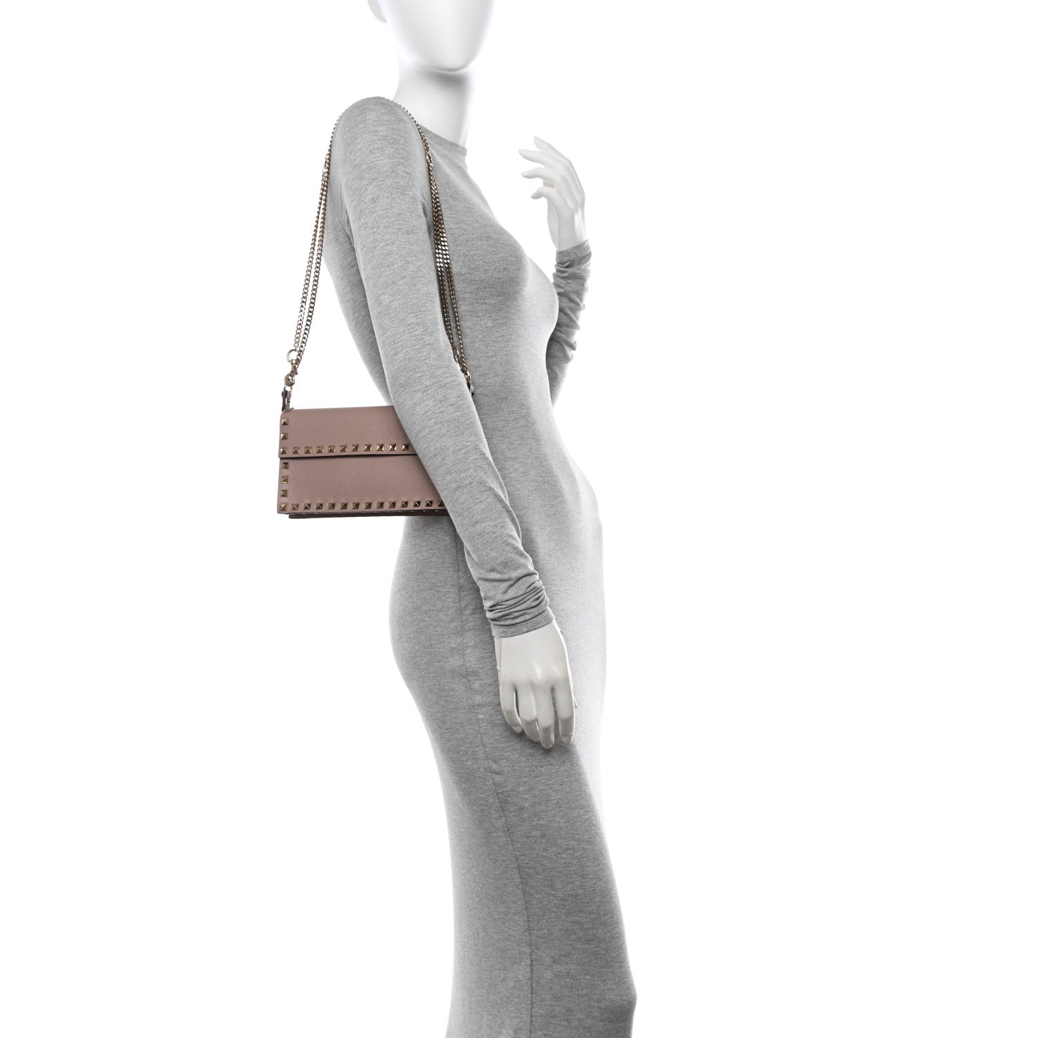 Valentino Garavani Pebbled Calfskin Rockstud Flap Wallet On Chain Poudre 3 of 9