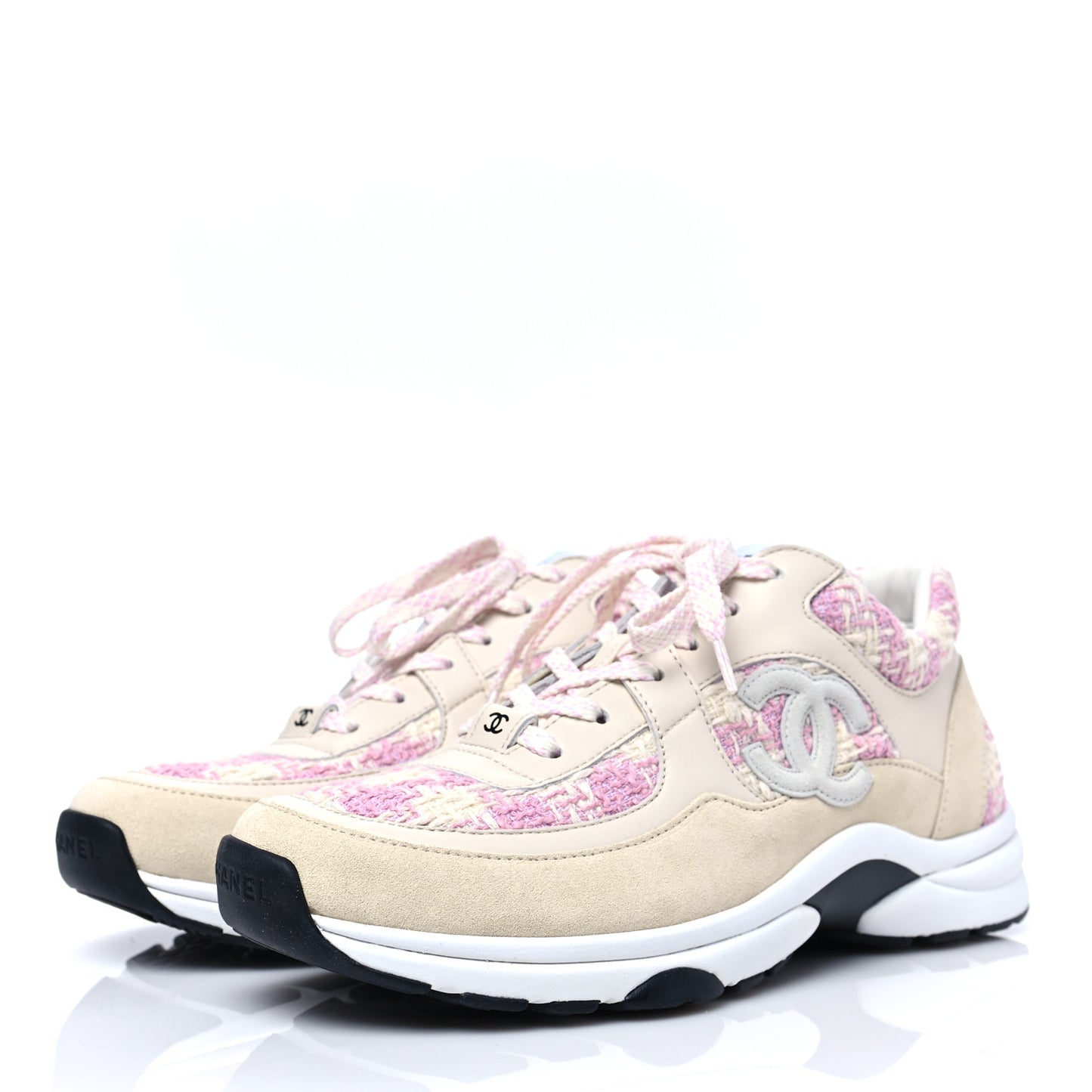Tweed Suede Calfskin Womens CC Sneakers 38.5 Pink Ecru
