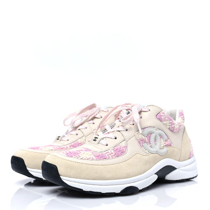 Chanel Tweed Suede Calfskin Womens CC Sneakers 38.5 Pink Ecru 3 of 8