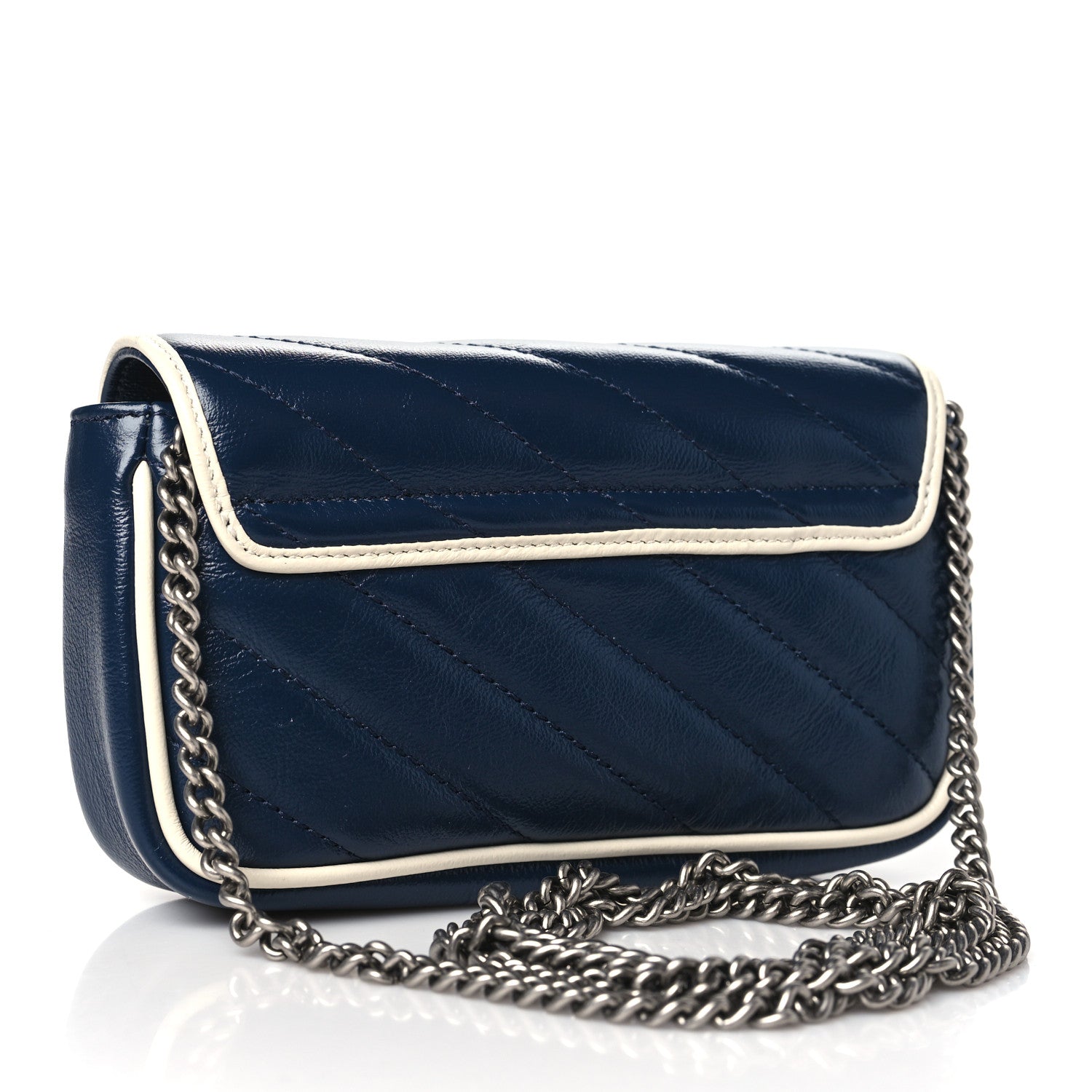 Gucci Vintage Effect Calfskin Matelasse Diagonal Super Mini Torchon GG Marmont Shoulder Bag Blue Agata Mystic White 3 of 10