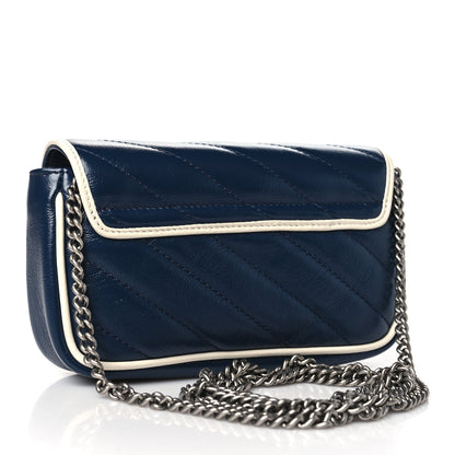 Gucci Vintage Effect Calfskin Matelasse Diagonal Super Mini Torchon GG Marmont Shoulder Bag Blue Agata Mystic White 3 of 10