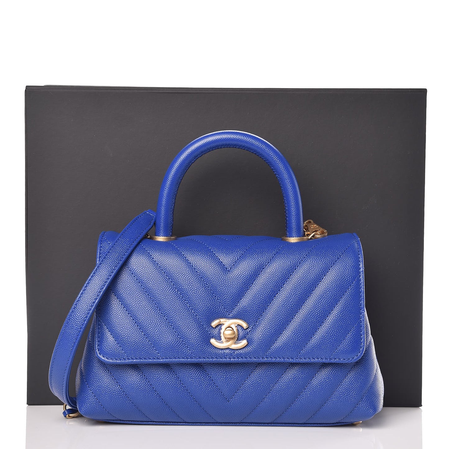 Caviar Chevron Quilted Mini Coco Handle Flap Blue
