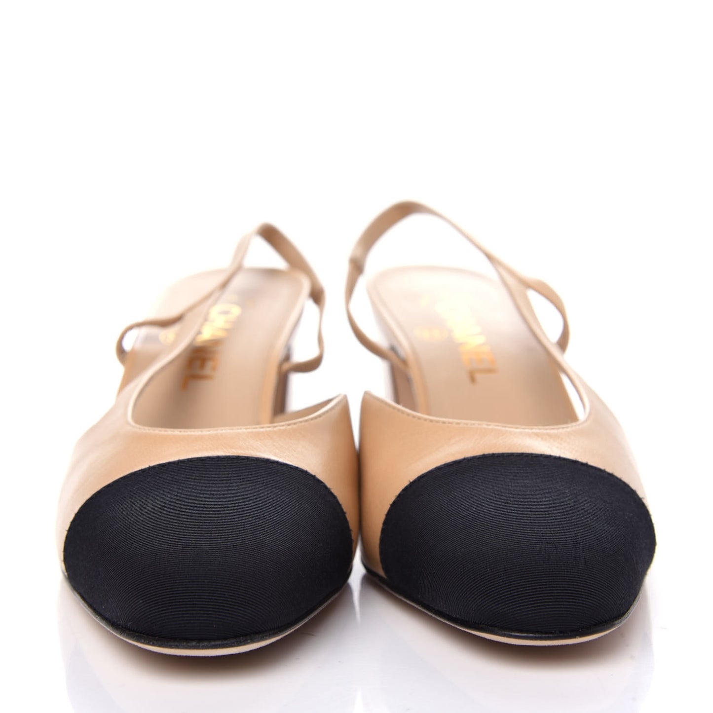 Goatskin Grosgrain Cap Toe CC Slingback Pumps 38.5 Beige Black