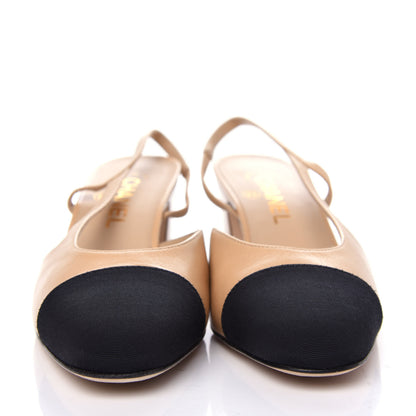 Chanel Goatskin Grosgrain Cap Toe CC Slingback Pumps 38.5 Beige Black 2 of 11
