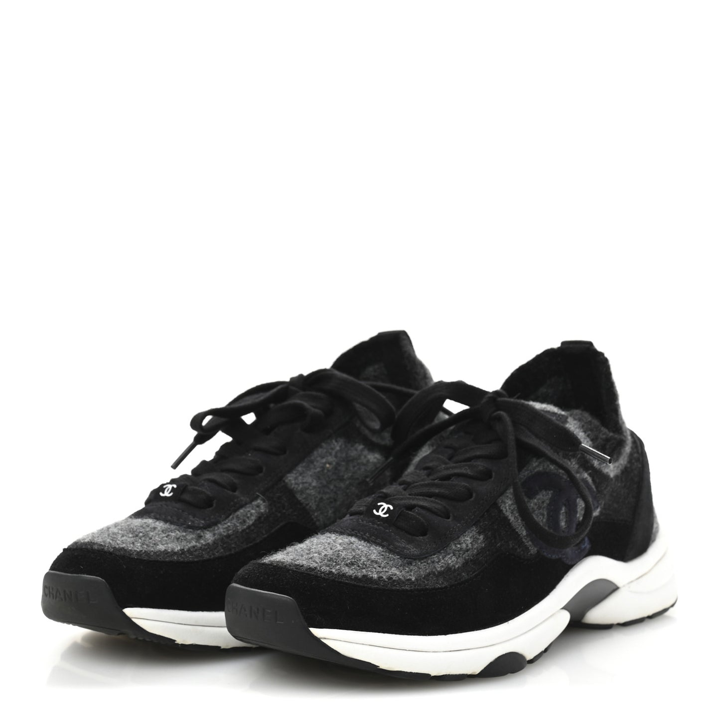 Knit Fabric Suede Calfskin Womens CC Sneakers 38 Grey Black
