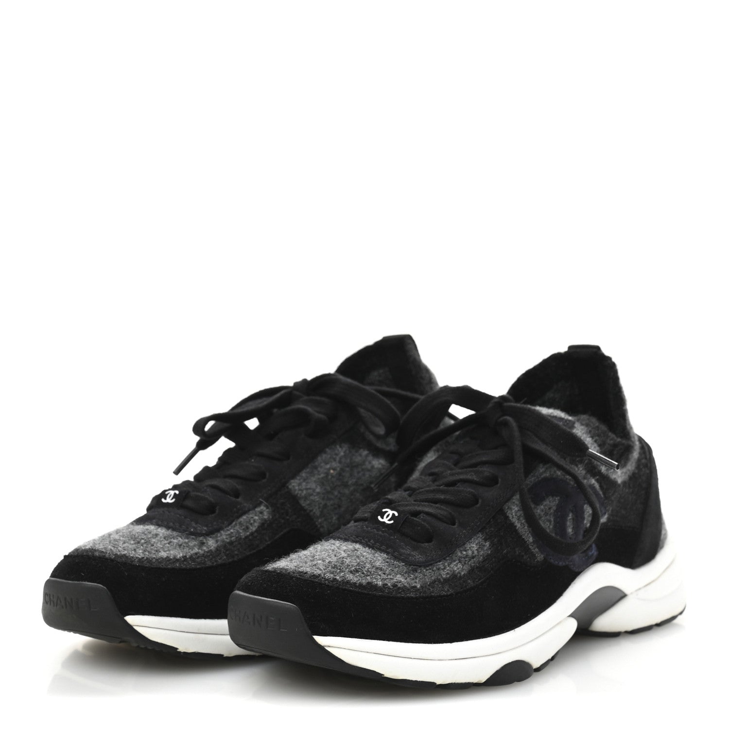 Chanel Knit Fabric Suede Calfskin Womens CC Sneakers 38 Grey Black 4 of 9
