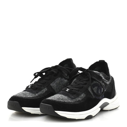 Chanel Knit Fabric Suede Calfskin Womens CC Sneakers 38 Grey Black 4 of 9