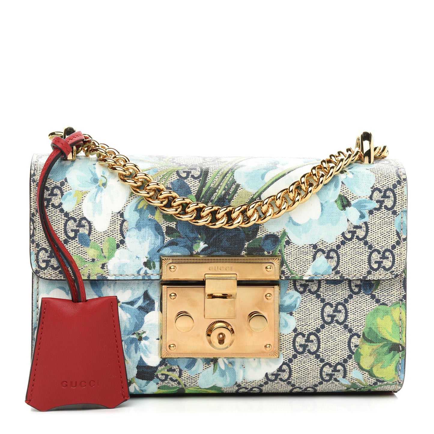 GG Supreme Monogram Blooms Small Padlock Shoulder Bag Beige Blue Navy Hibiscus Red
