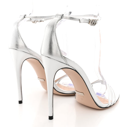 Gucci Nappa Silk Crystal GG Ankle Strap High Heel Sandals 37 Argento 5 of 11