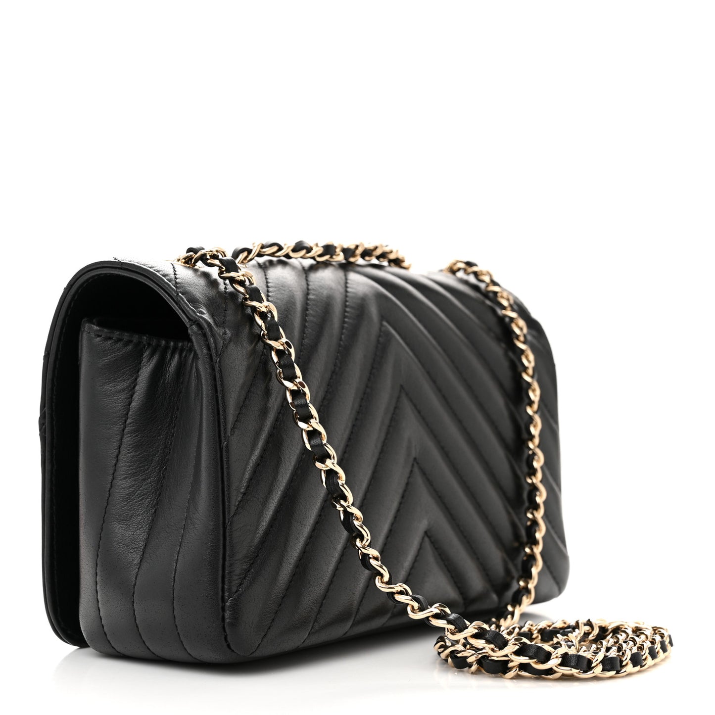 Calfskin Chevron Quilted Mini Statement Flap Black