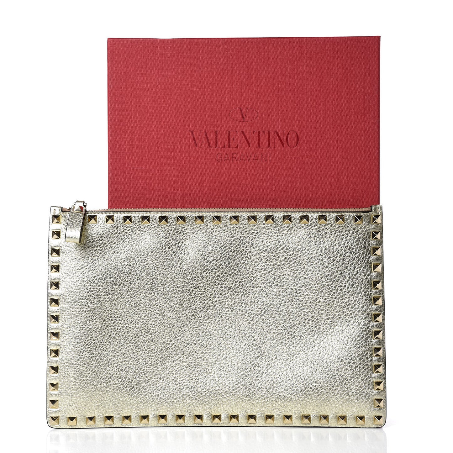 Grained Calfskin Large Rockstud Zip Pouch Platino