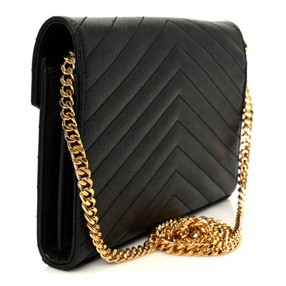 Saint Laurent Grain De Poudre Matelasse Chevron Monogram Chain Wallet Black 3 of 9