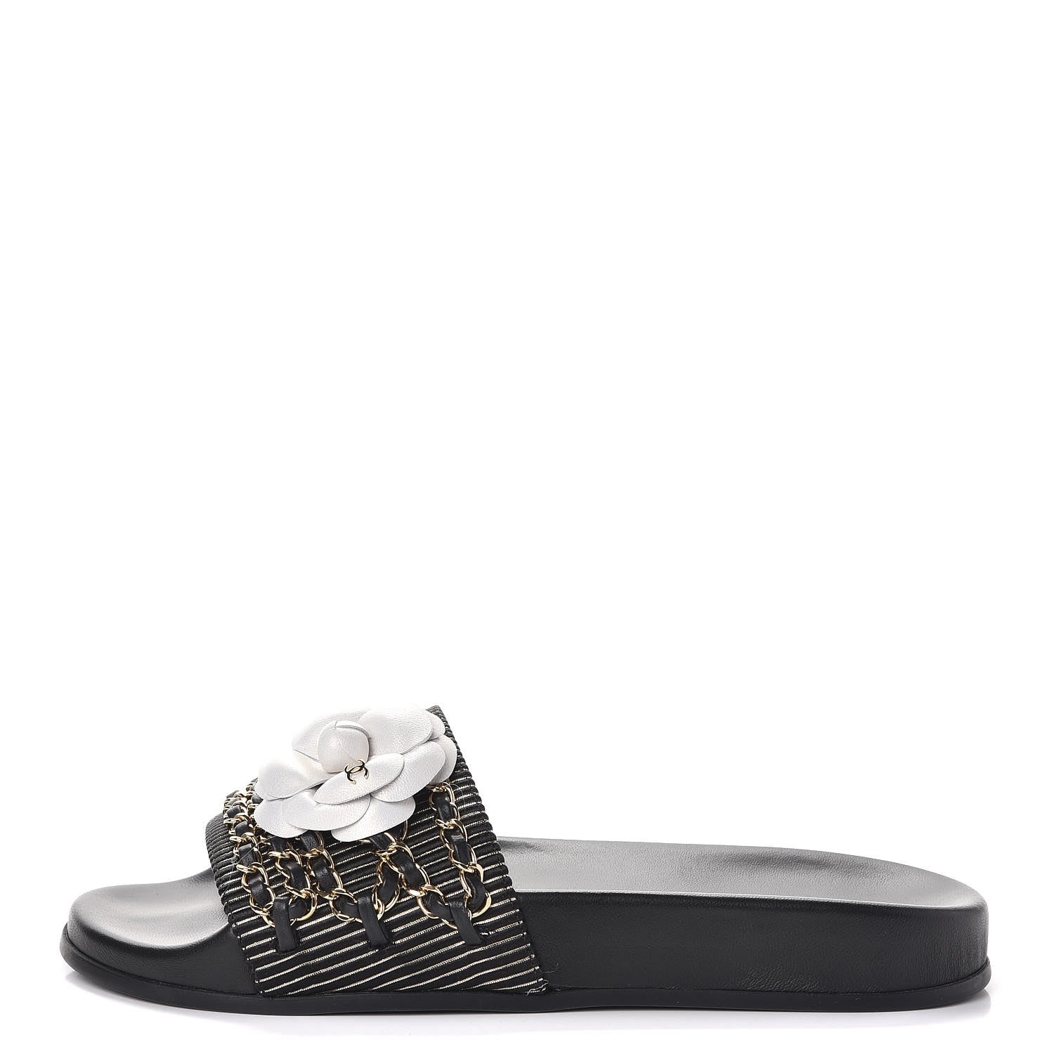 Chanel Calfskin Chain Camellia Flat Sandals 38 Black 1 of 10