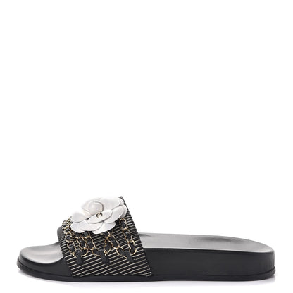 Chanel Calfskin Chain Camellia Flat Sandals 38 Black 1 of 10