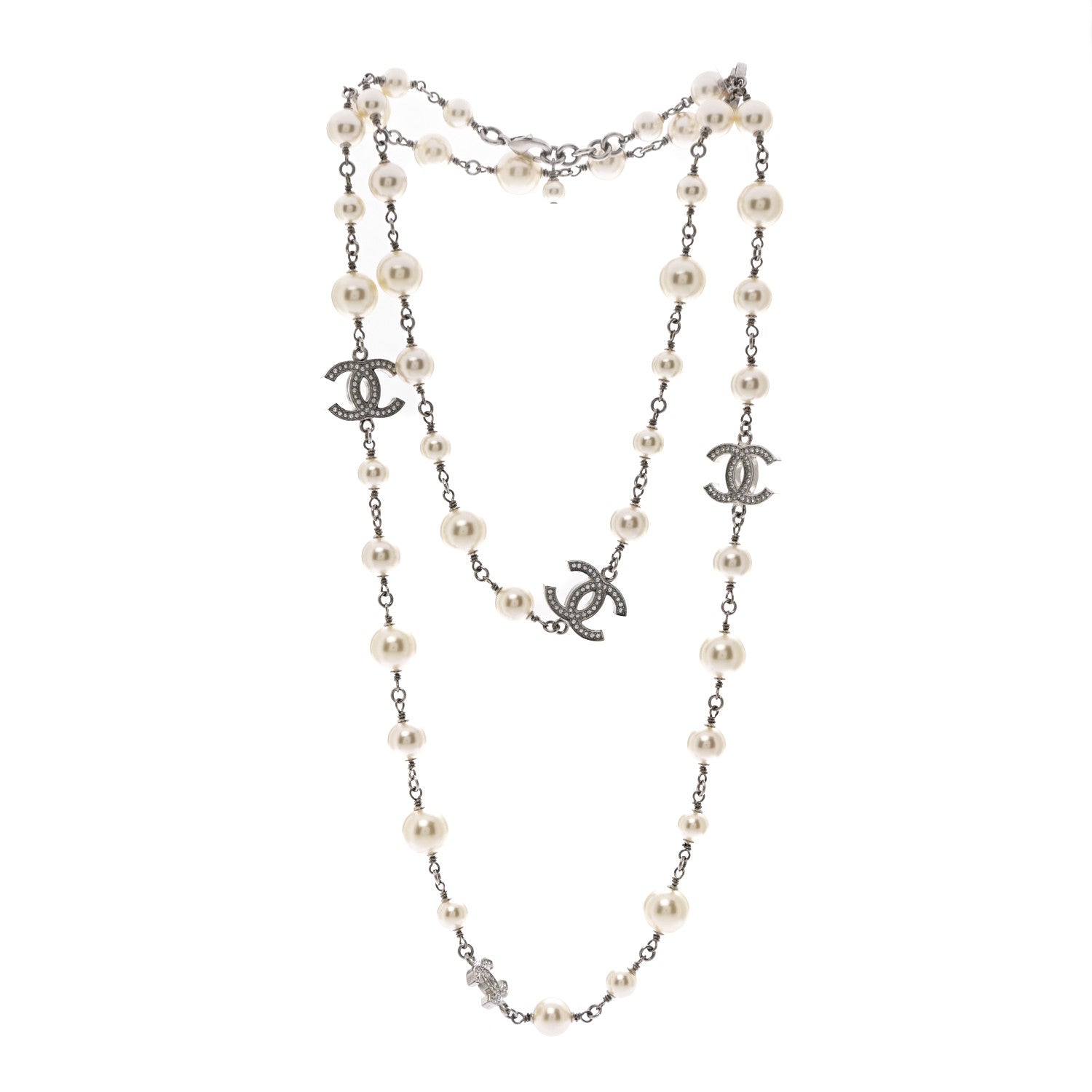 Chanel Crystal Pearl CC Long Necklace Silver 3 of 6